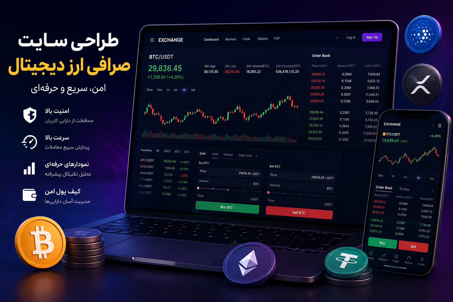 نمایی از طراحی سایت رمز ارز با داشبورد خرید و فروش ارز دیجیتال